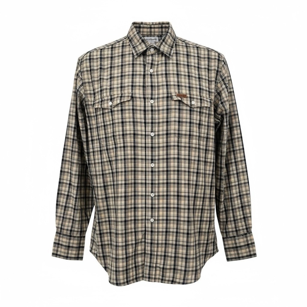 Carhartt Men Large Plaid Long Sleeve Button Up Shirt Beige Blue Pearl Snap